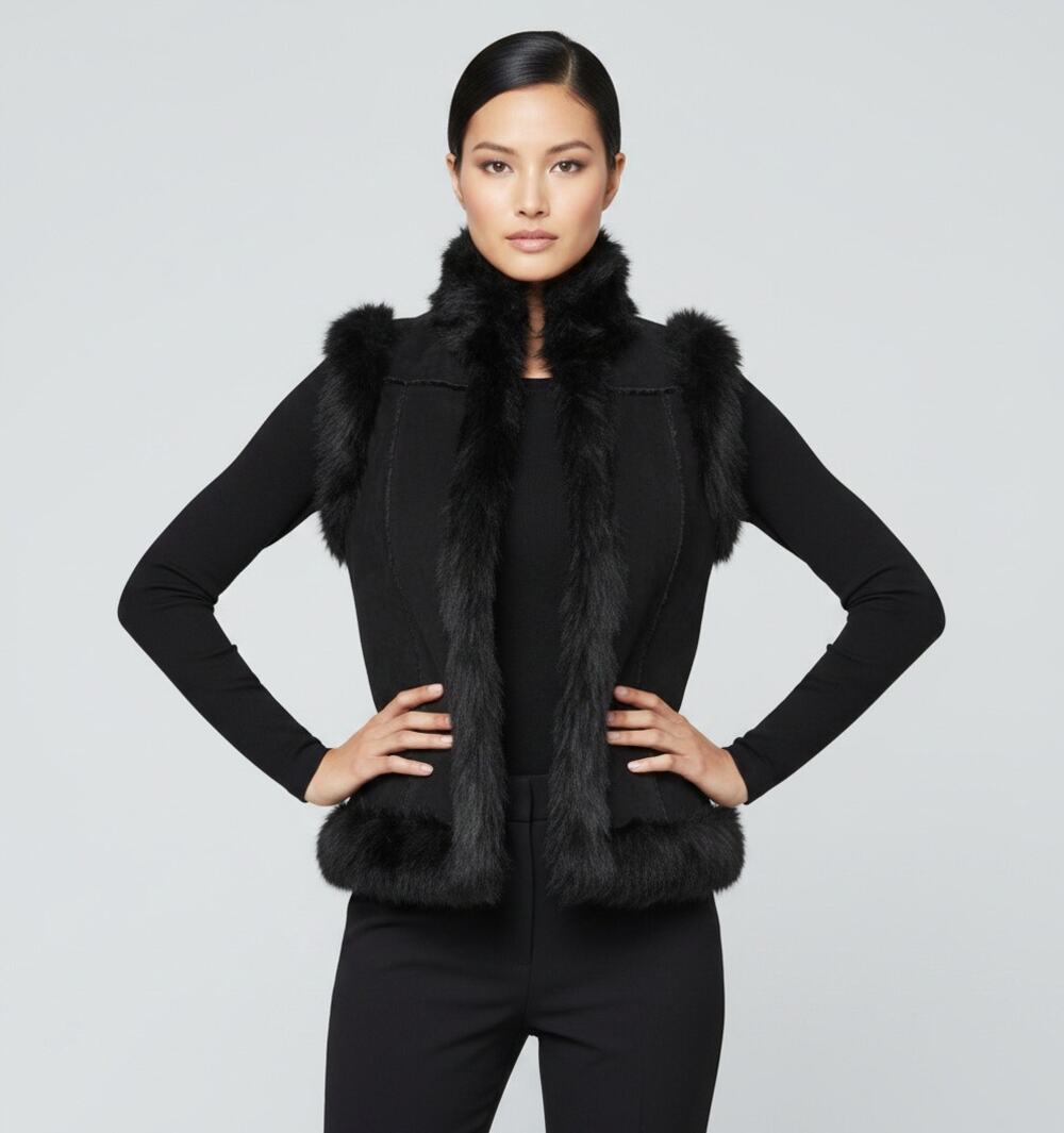 Express Black Suede Faux Fur Vest Jacket M Vintage Y2K Boho Shag Mob Wife Gilet